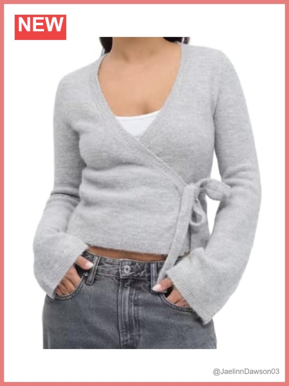 Ballet Wrap Cardigan Cropped V-Neck Side Tie Ribbed Knit Long Sleeve Sweater